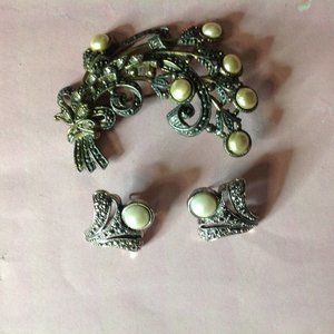 **Sale** Vintage Faux Pearl & Rhinestone Brooch Married Pierced Earrings